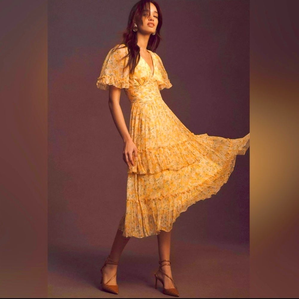 BHLDN Anthropologie Naomi NEW Short Sleeve Midi Dress Size S NEW Yellow Floral